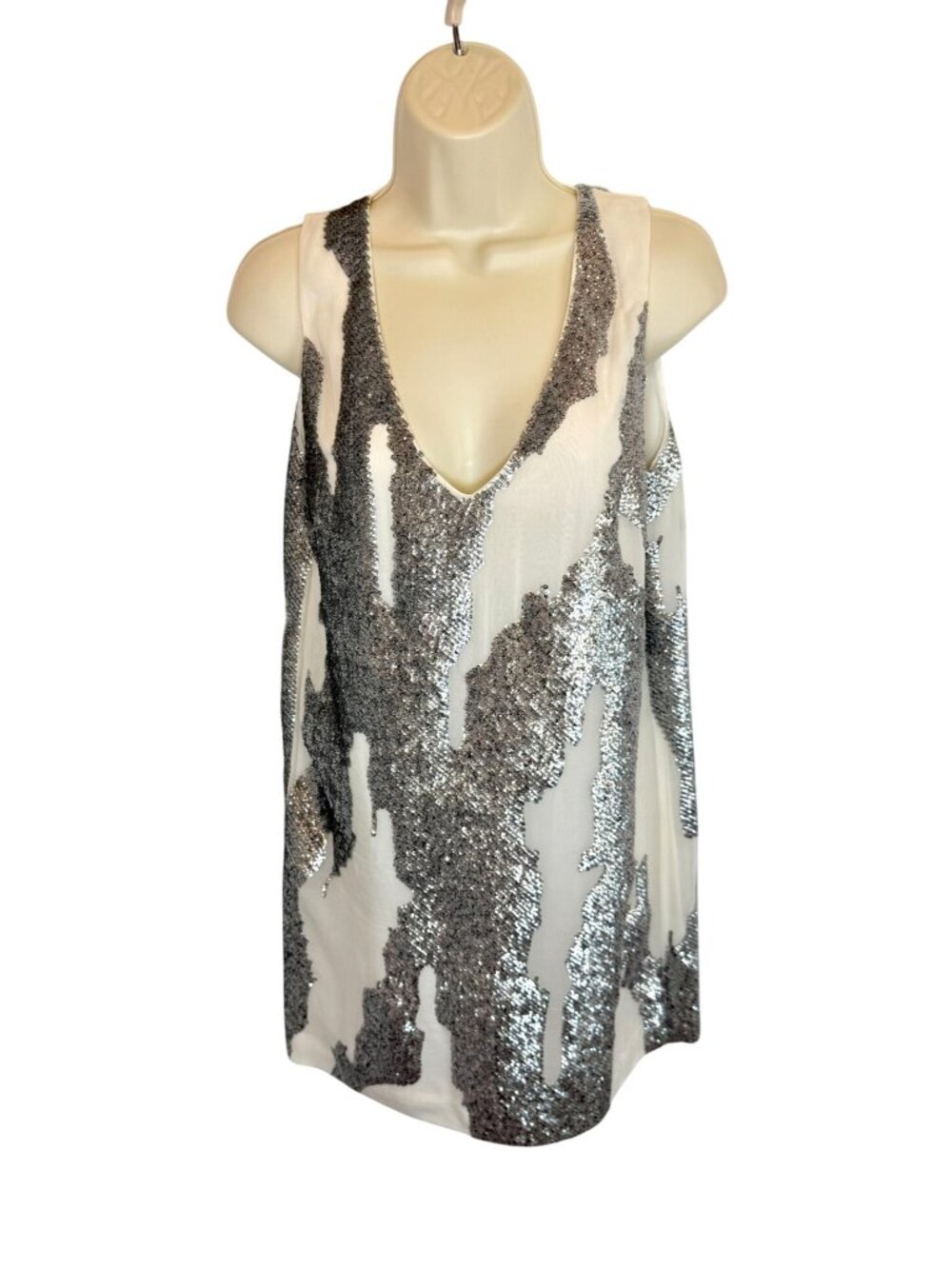 Robert Rodriguez White Silver Sequin V-Neck Mini Dress - Size 2